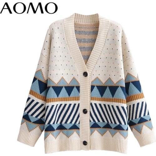 AOMO 2021 Autumn Winter Women Geometry Knitted Cardigan Sweater Jumper Button-up Female Tops 1F313A
