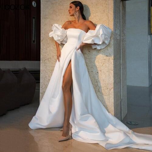 Elegant Simple A Line High Split Satin Bridal Gown Strapless Detachable Puffy Sleeves Wedding Dresses Vestido De Novia