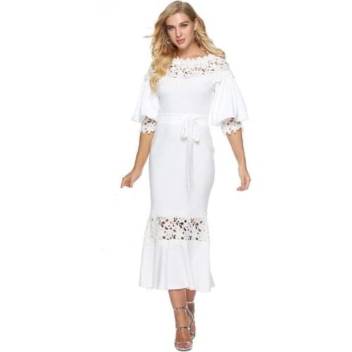 ENLU Women white Floral Lace Party Maxi Dress Sexy Elegant Intermediate sleeve Bodice High-low Club Dresses Vestidos De Fiesta