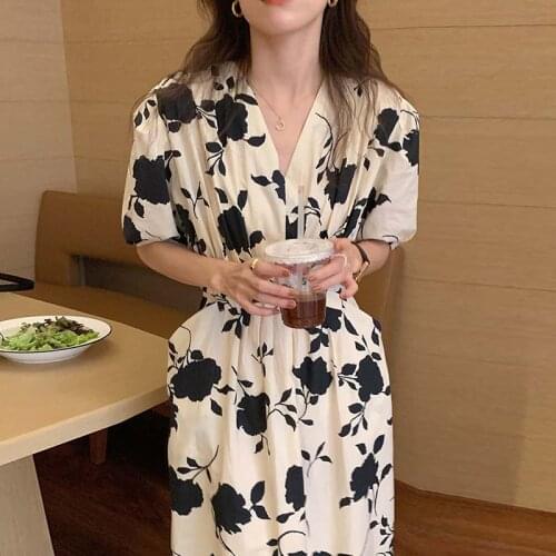 Pinkou Women Elegant Floral Midi Dress V Neck Bow Tie Sashes Pockets Vintage Female Casual Summer Dresses QA112
