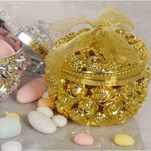 Golden Hollow Rose Flower Candy Box With Ribbon For Wedding Party Baby Shower Favor Christmas Decoration Supplies Gifts Case