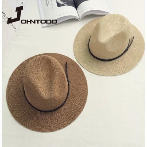 2021 Fashion Summer Woman Men Solid Panama Hat with Belt Sunhat Outdoors Beach Sun Visor Cap Jazz Trilby Cap Chapeau Sombrero