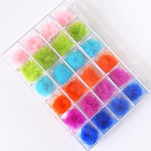 24 PCS /Box 2.7 *2.7CM 6 colors Fur Ball Charm 3D Soft Pom Poms Rhinestones With Magnet Attract BaseSoft Fluffy Pompon