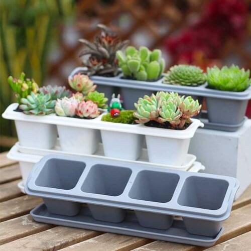 4/6 Grid Succulents Planter Pots With Tray Square Plastic Solid Color Set Nursery Pot Cactus Plant Pot Garden Pot Desk Decoratio