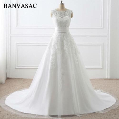 BANVASAC 2017 New A Line Elegant Embroidery Sweetheart Wedding Dresses Sleeveless Sash Satin Sweep Train Lace Bridal Gowns