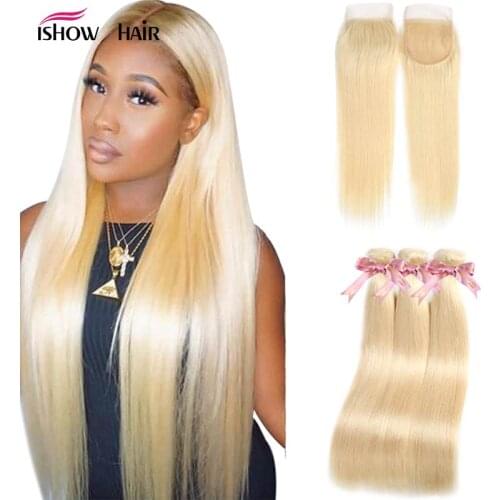 Blonde Bundles With Closure 613 Brazilian Straight Hair Bundles with Closure Ishow Remy Human Hair 3 Bundles with Closure