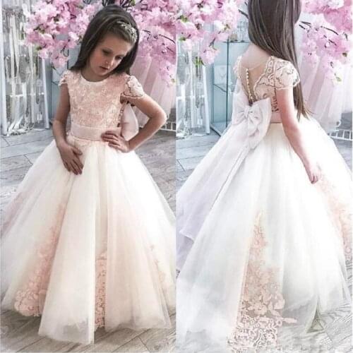 Flower Girls Dresses Cap Sleeve Little Girl Toddlers Wedding Dresses Vintage Lace Pink Child Princess Communion Pageant Gowns