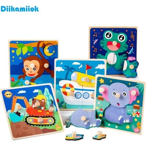 Hot Kids Hand Grab Board Puzzle Wood Toy Cartoon Animal Matching Jigsaw Baby Early Educational Learning Wooden Toys for Children