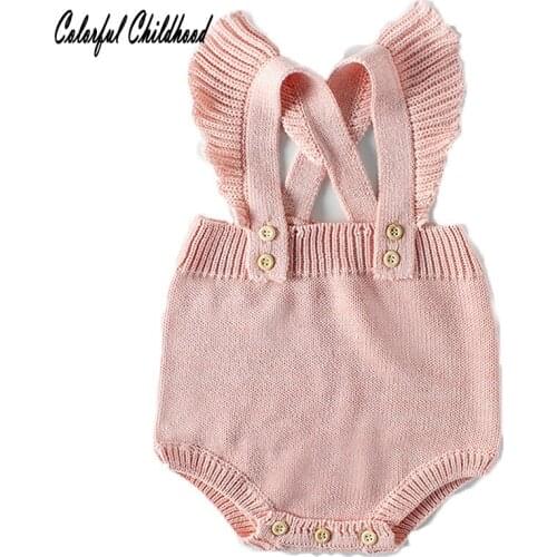 Ins Cute Baby Romper 2018 Ruffles strap Jumpsuit Newborn Baby Girls Bow Sunsuit Outfits knited Children Clothes 0-24M