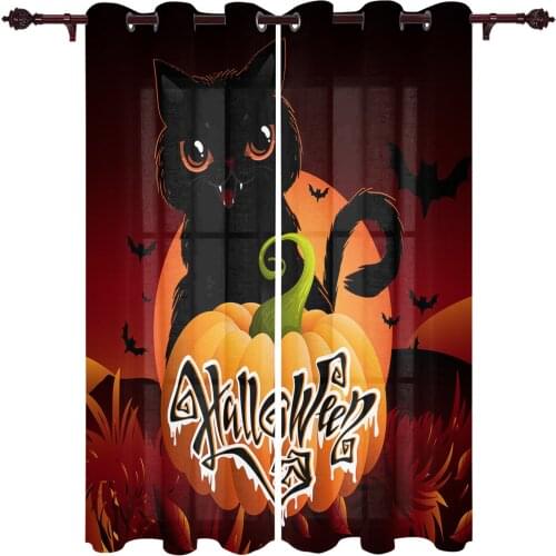 Halloween Pumpkin Black Cat Bat Window Curtains Kitchen Bedroom Drapes Home Decor Luxury Living Room Backdrop Curtain