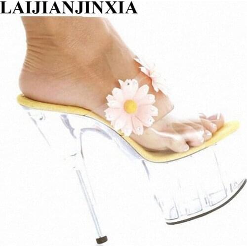 LAIJIANJINXIA Open Toe Ladies Design Crystal Shoes Super High Heels 15cm Women Nightclub Summer Slippers Dance Shoes
