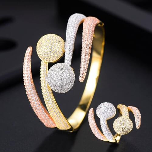 LARRAURI Luxury Jewelry Set Three Color AAA Zircon Copper Bangles Ring Sets Flower Wide Rings Nigeria Wedding Accessories Gifts