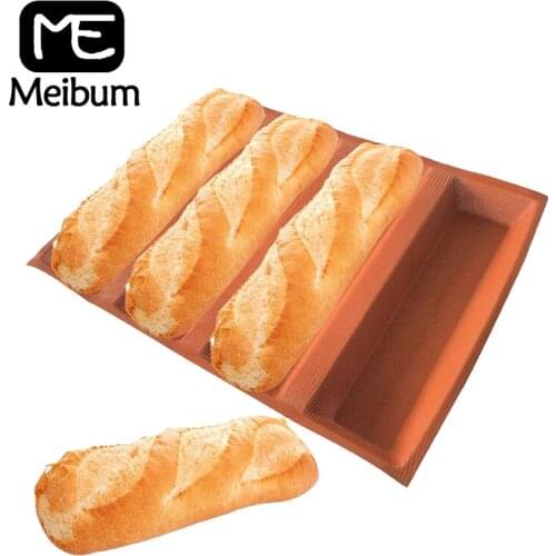 Meibum 4 Cavity Long Loaf Bake Tray Non Stick Glass Fiber Silicone Bread Baking Mold Hot Dog Baguette Eclair Cookie Porous Mould