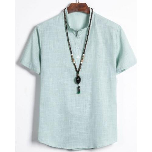 Camisa masculina Shirts Mens Baggy Cotton Linen Stand Collar Slim Fit Short Sleeve Henley Shirt Plus Size 5XL