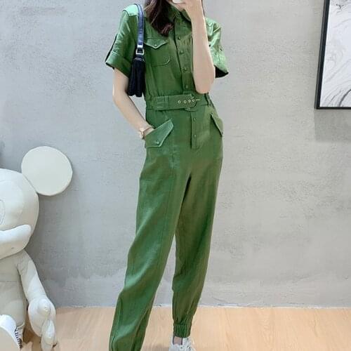 2021 Summer Womens New Products Slim-fit Casual Leggings Workwear-style Linen Green Jumpsuit