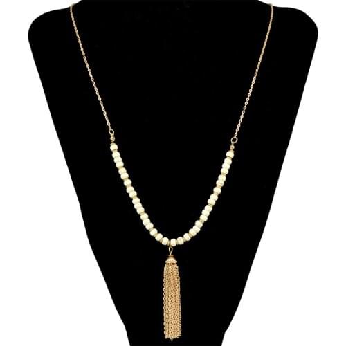 Bohemian Ethnic Simple Fashion White Acrylic Beaded Chain Necklaces Long Chains Tassel Pendant Necklace Women Party Jewelry Gift