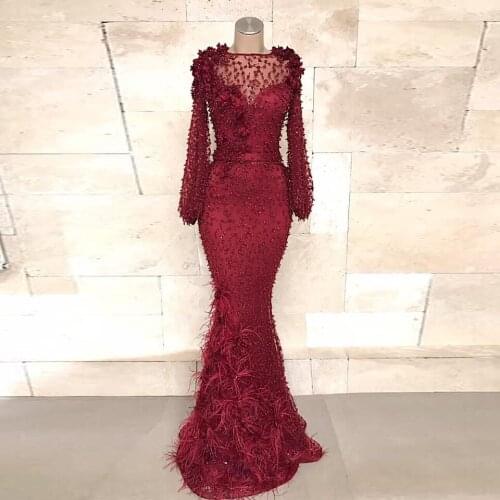 Luxury Evening Dresses Long Mermaid Full Sleeves abiye Burgundy 2020 Evening Dress Feathers Beads Sheer Neckline robe de soiree