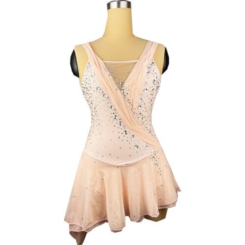 Pink Figure Skating Dress Sleeved Ice Skating Skirt Spandex