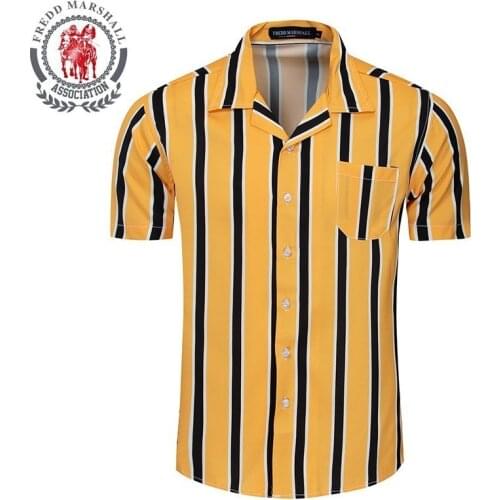 Fredd Marshall Vertical Striped Shirt Men Casual Button-Down Dress Cotton Shirts Short Sleeve Hombre Bowling Mens Shirts 56002