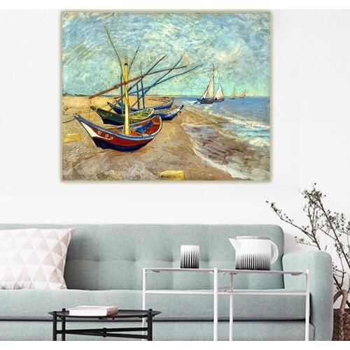 Van Gogh《Fishing boats on the beach of Les Saintes Maries de la Mer》Canvas Oil Painting Aesthetic Hanging Decor Home Decoration