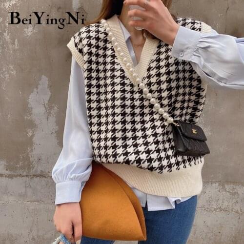 Beiyingni 2021 Autumn Winter Houndstooth Sweater Vest Knitted Vintage Loose Sleeveless Pullover Fashion Cute Casual Black Jumper