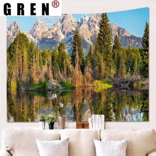 GREN Lake Forest Mountain Landscape Tapestry Hanging Covering Rugs Background Cloth Beach Mat Blanket Bedroom Living Home Decor