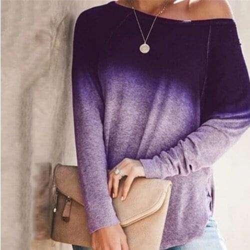 Long Sleeve Loose Tops Tees O-Neck Women T Shirt 2021 Fashion Spring Autumn Clothing Gradient Color Loose Shirts