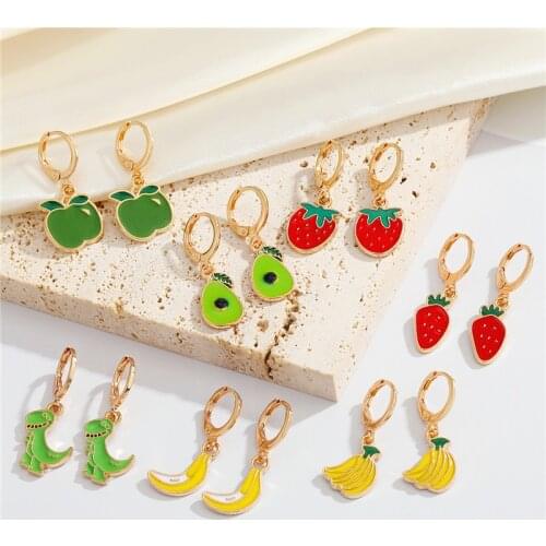 1Pair New Cute Enamel Banana Dinosaur Earrings For Women Fashion Metal Strawberry Avocado Apple Fruit Hoop Earrings Jewelry E783