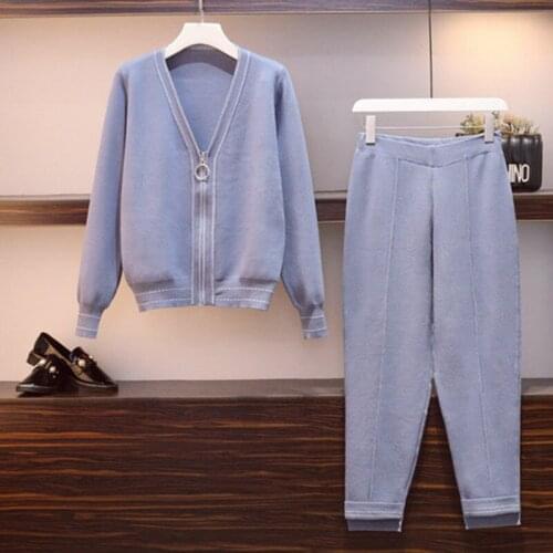 Woman Tracksuits 2020 Autumn Fashion zipper Sweater+Large size Pants Knitted Suits Ladies Two Piece Set Twinset 2 Pcs Set