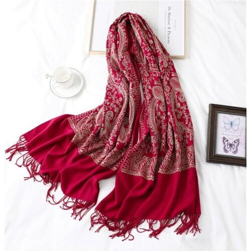 Women Winter Scarf Echarpe Luxury Embroidery Cashmere-Like Lady Embroidery Shawls Wraps Foulard Solid Tassel Bohemian Warm