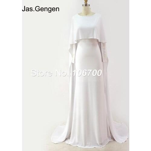 New Arabic Style Embroidery Lace robe de soiree Evening Dress Caped Long Sleeve White Color Jersey Prom Gown 914-B