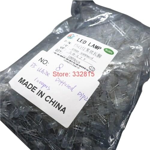 1000PCS 5mm White Diffused LED Diode Round Light Emitting Diode 20mA 5 mm LED Lamp Wide Angle Through Hole