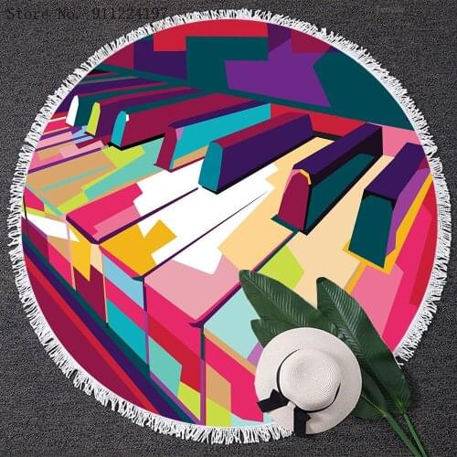 3D Musical Notes Piano Guitar Print Beach Towel Microfiber Round Beach Towel Musical Instrument Bath Towel Shawl Mat 150*150cm