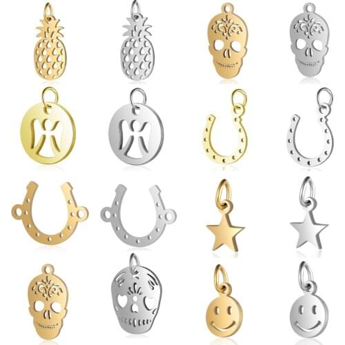 5pcs/lot Sugar Skull Star DIY Charms Wholesale Stainless Steel Horseshoe Pineapple Jewelry Pendant OM Yin Yang Connectors Charm