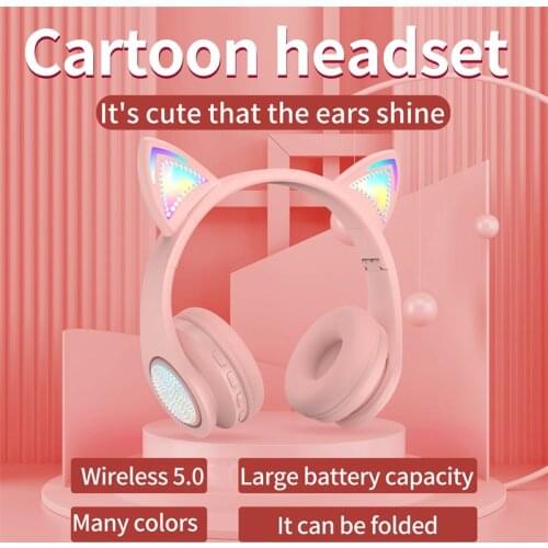 New product fashion cute girl child wireless bluetooth cat ear headset with mic HiFi stereo music headset supports TF card