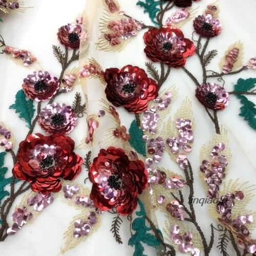 Shiny three-dimensional embroidered sequin flower mesh fabric, high-end wedding dress clothing lace fabric