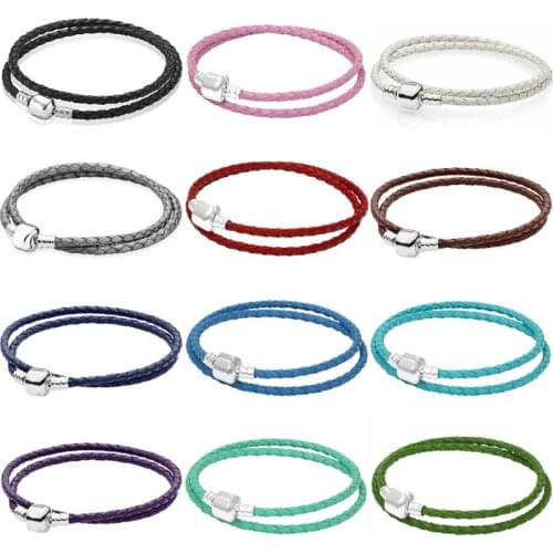100% 925 Sterling Silver Colorful Genuine Leather Barrel Clasp Snake Chain Bracelet Bangle Fit Fashion Bead Charm Trendy Jewelry