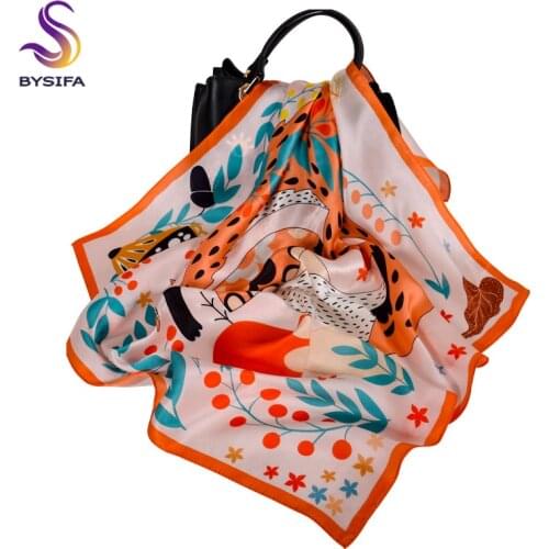 BYSIFA| Brand 100% Silk Scarf Hijab 68*68cm New Fashion Fox Design Lovely Square Scarves Headbands Spring Fall Luxury Neck Scarf