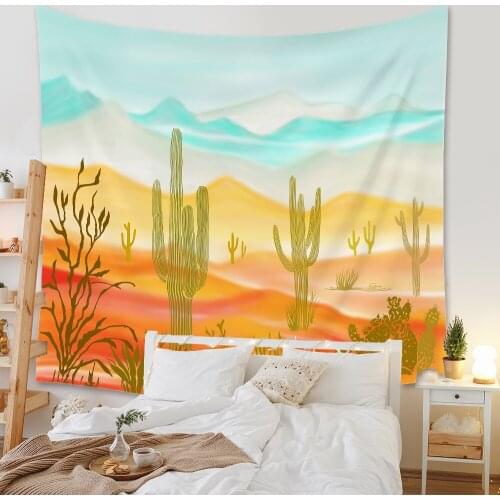 Cilected Cartoon Hand-Painted Cactus Plant Printing Tapestry Wall Hanging Desert Landscape Home Background Cloth Painting Decor