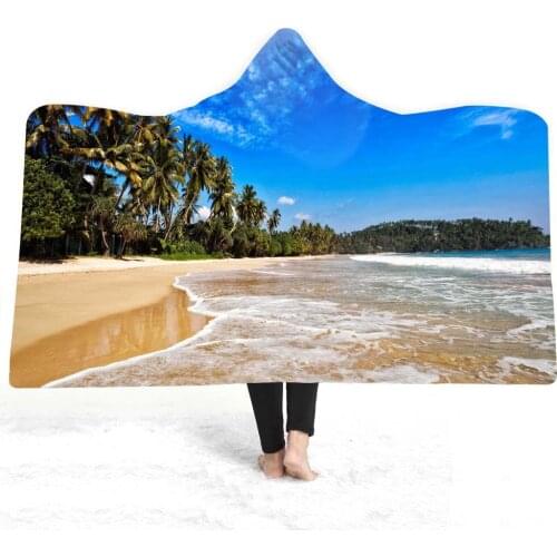 3D Print Nature Scenery Hooded Blanket Sunset Sunrise Throw Blanket Seaside Wearable Blanket For Kids Adults Fleece Blanket