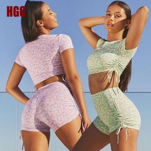HGC Yoga Set Women 2 Piece Gym Sportwear Sport Shorts Top Short Sleeve Small Flower Bandage Fitness Suit Sexy Workout Clothes