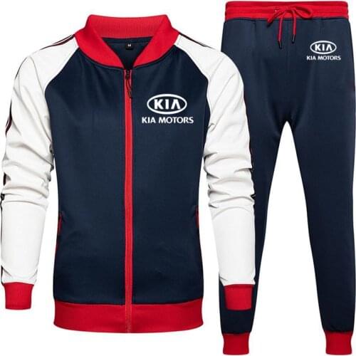 Spring Autumn Mens jacket KIA Car Logo Printed high quality cotton Splicing stripe Mens sweatshirt + sweatpants 2-piece set