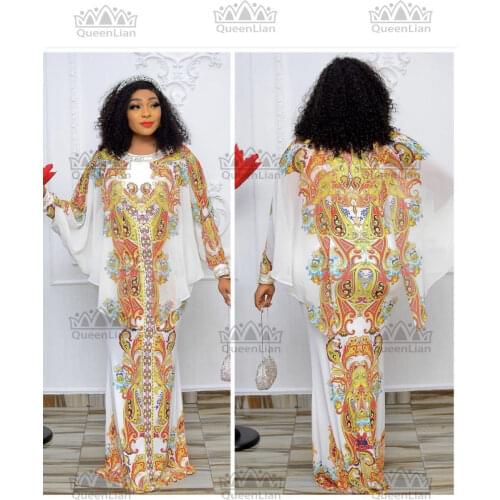 Summer Women Long African Design Chiffon Dress With Bat Wings Diamond Printing Fashion For Lady（CPXF09