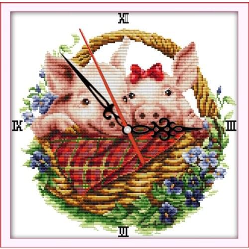 Pig in flower basket cross stitch kit 14ct 11ct count print canvas wall clock stitching embroidery DIY handmade needlework