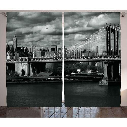 New York Curtains Decor Black and White Panorama of New York City Skyline with Focus on Manhattan Bridge Photo Living Room