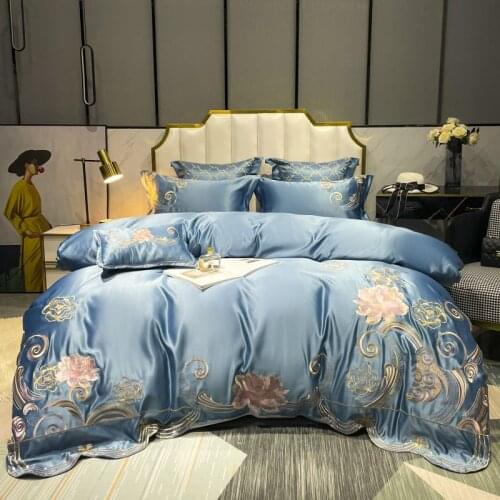 Luxury Soft Cozy Satin Silk Cotton Classical Flower Embroidery Bedding Set Duvet Cover Bed Sheet Black Lace Bed Skirt Pillowcase