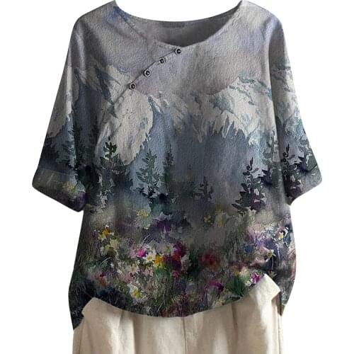 S-3xl Women Spring Tops 2021 Fashion Plus Size Button Flower Tops 3/4 Sleeve Linen Shirt Casual Blouse 3xl Рубашка С Принтом