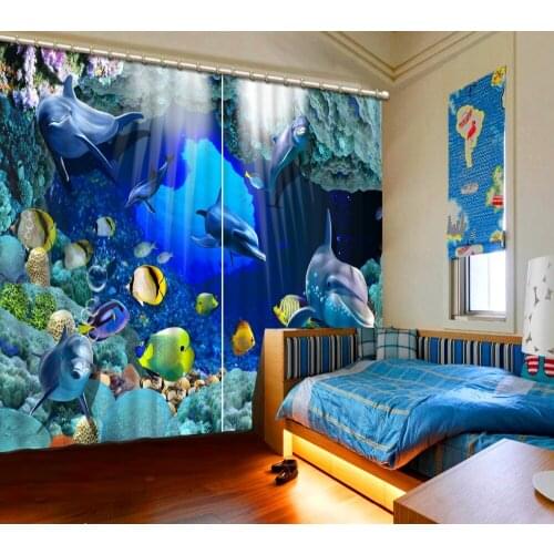 Blue curtains Window Blackout Luxury 3D Curtains set For Bed room Living room Office Hotel ocean curtains dolphin curtain