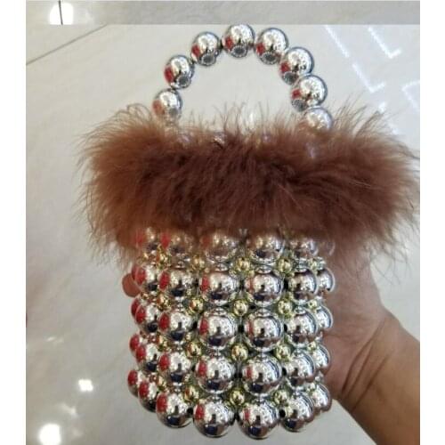 Luxury Pearl Bucket Bag Women Ostrich Fur Beading Evening Clutch Purses Top-handle Handbags Ladies Messenger Bags Dinner