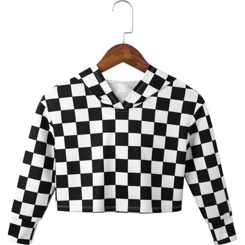 Teen Kids Hooded Sweatshirt Girls Crop Tops Plaid Long Sleeve Hoodie Pullover Casual Sport Cropped Sweatshirts Tops Streetwear